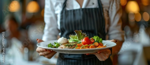 A woman wearing an apron is holding a plate of food