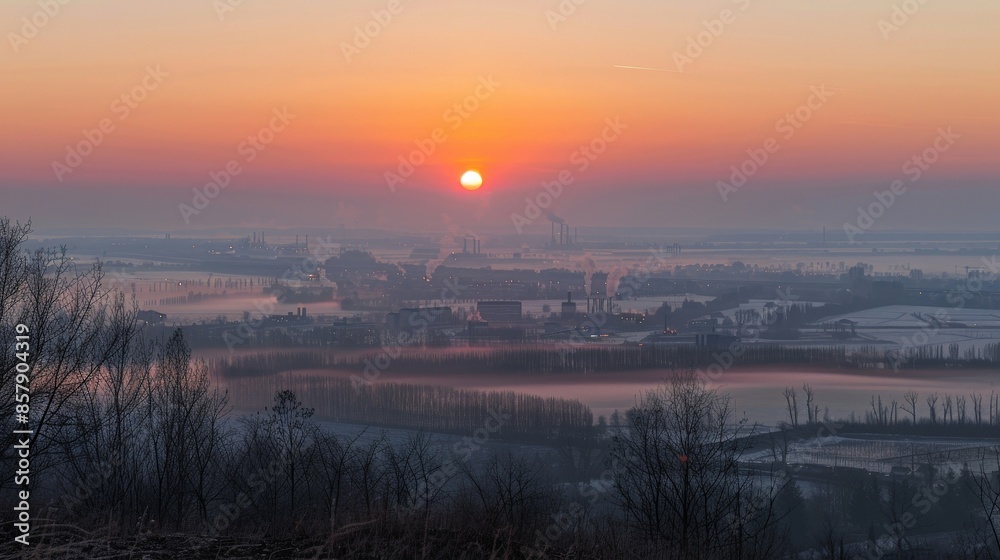 Fototapeta premium Sunrise over a factory town with visible air pollution layers from a high vantage point