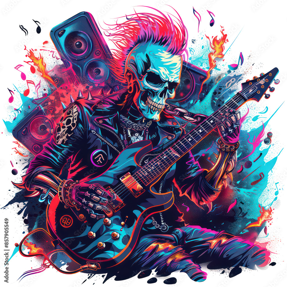 Vibrant Skull Guitarist Rocking Out, Skull Punk Rock Fantasy Art, For T-Shirt Design Vibrant Skull Guitarist Rocking Out, Skull Punk Rock Fantasy Art, For T-Shirt Design