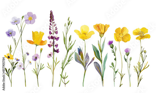 Row of Wildflowers in Watercolor Style