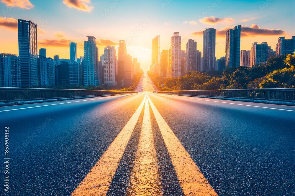 Sunrise on an urban road with skyscrapers, highlighting the play of light and shadow on the asphalt, communicating progress and a new day. Generative AI