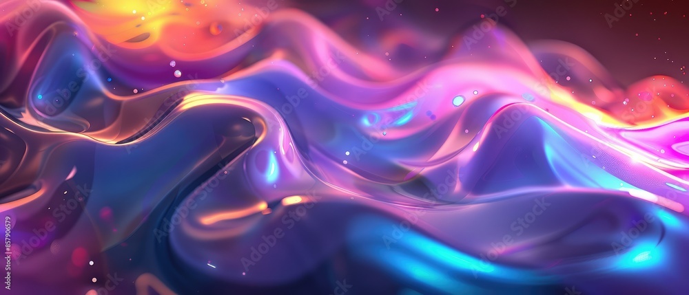 Obraz premium 3d rendering of abstract wavy metallic surface with glowing particles in it. Futuristic background with dynamic waves.