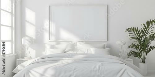 Elegantly Displayed Large White Picture Frame in a White-Toned Bedroom. Concept Home Decor, Interior Design, White-Toned Bedroom, Picture Frames, Elegance
