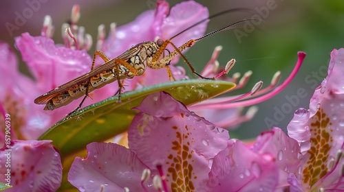 Pterygota on rhododendron flower photo