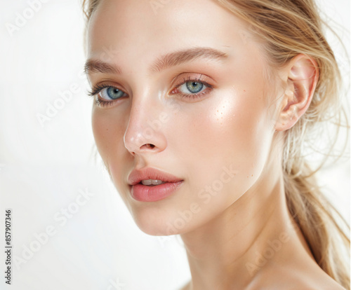 close up of healthy skin woman with blonde hair and blue eyes on white background