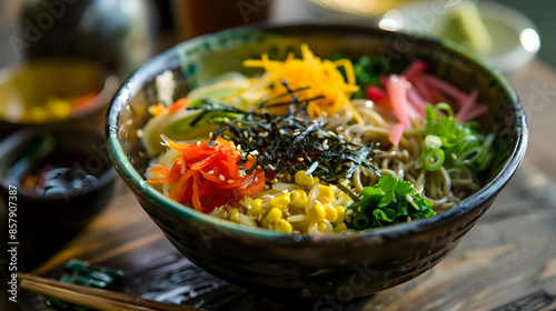 A freshly made bowl of fast food soba noodles with vibrant ingredients and colorful presentation