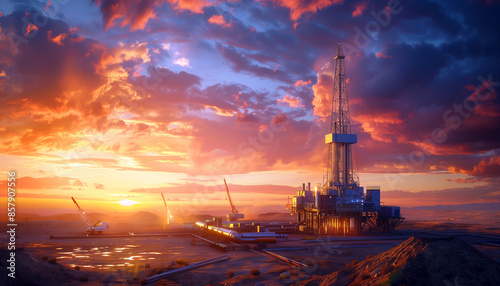 A futuristic oil and land drilling rig in a vast desert landscape, with sleek, modern design, robotic workers and automated machinery, a dramatic sunset with vivid colors in the sky.