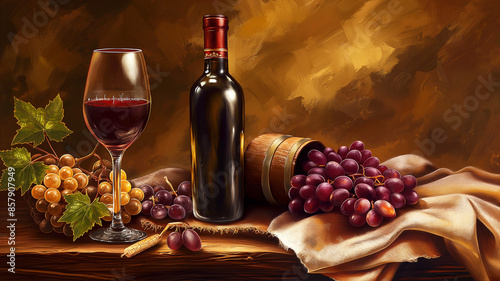 red wine in glass with full bottle on side isolated on wooden table fabric, red grapes art design