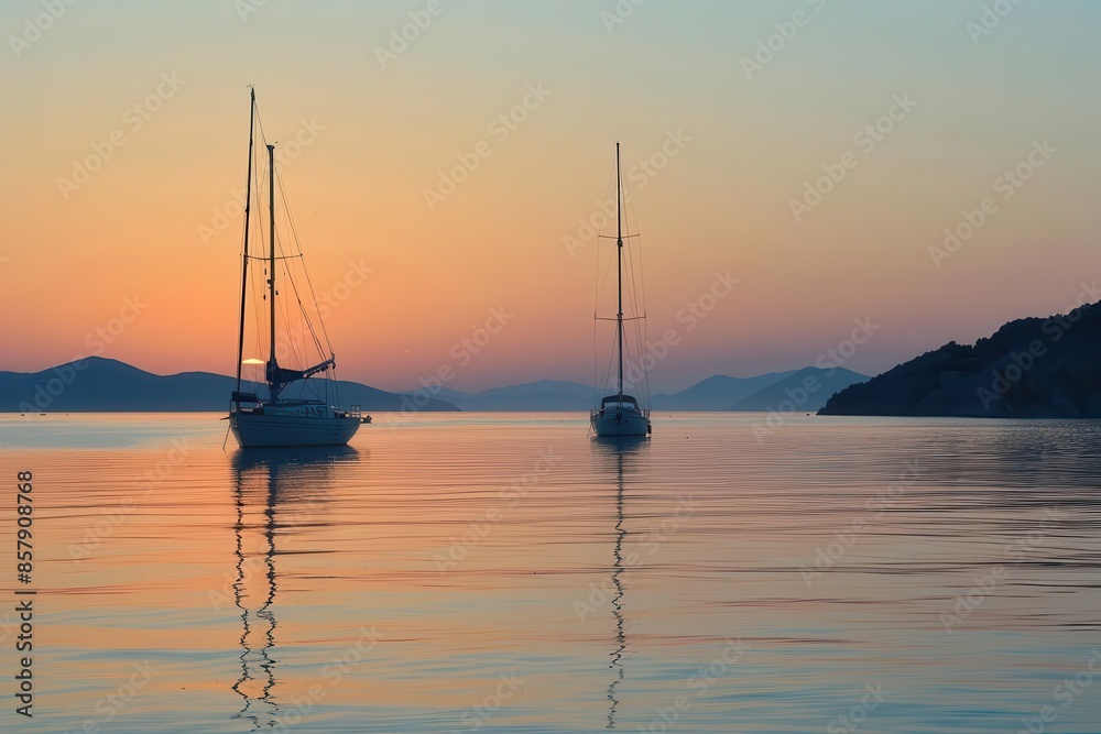 tranquil anchorage sailboats at sunset in serene bay copy space tranquil anchorage sailboats at sunset in serene bay copy space
