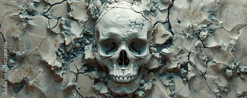 3D cracked skull effect wall art design with abstract background