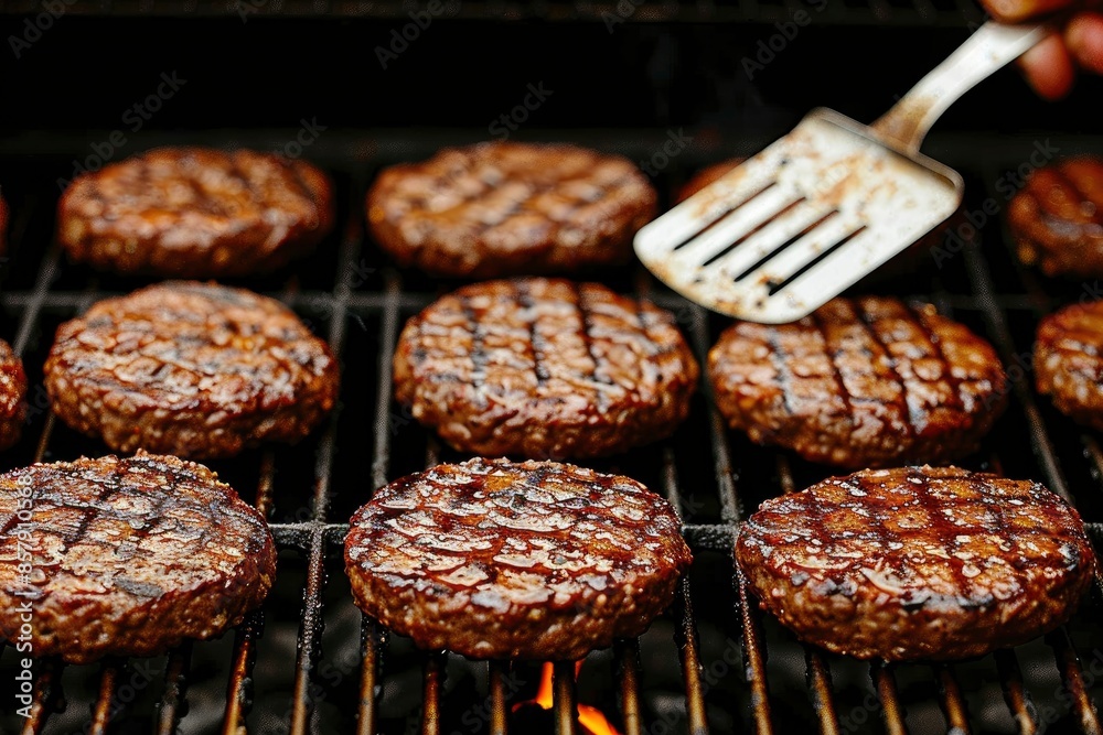 Holding a spatula over a grill on the right side of the screen, with burgers and steaks on the left, a spatula is held in hand while grilling happens Holding a spatula over a grill on the right side of the screen, with burgers and steaks on the left, a spatula is held in hand while grilling happens