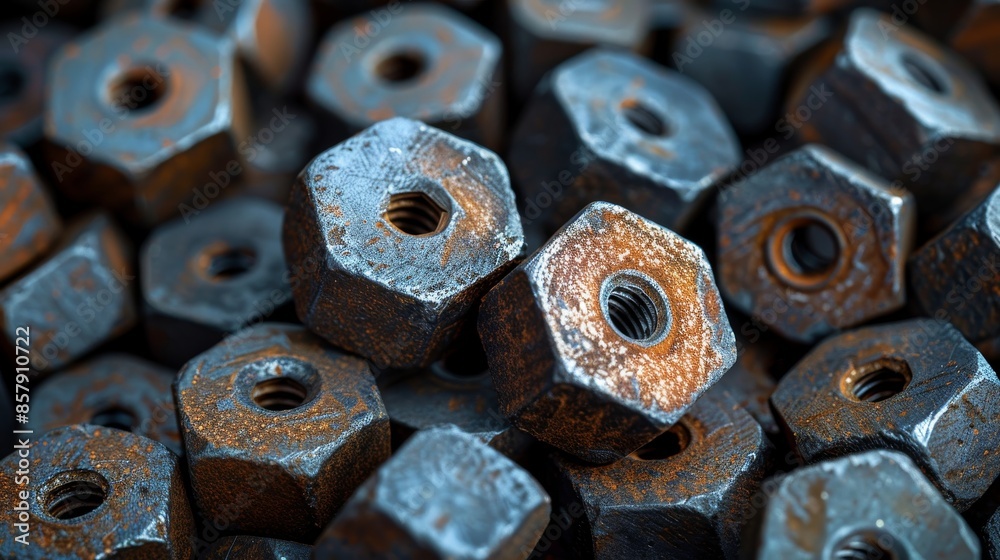 A collection of weathered, rusty metal nuts with intricate textures and visible threaded holes, showcasing the impact of time and elements on metal surfaces. A collection of weathered, rusty metal nuts with intricate textures and visible threaded holes, showcasing the impact of time and elements on metal surfaces.