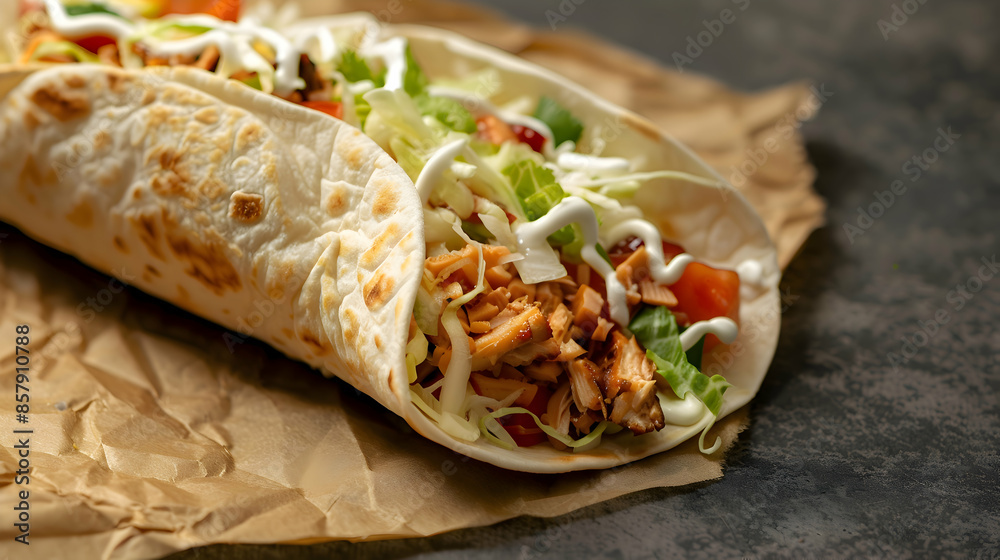 A freshly made fast food jackfruit taco with vibrant ingredients and a soft tortilla A freshly made fast food jackfruit taco with vibrant ingredients and a soft tortilla