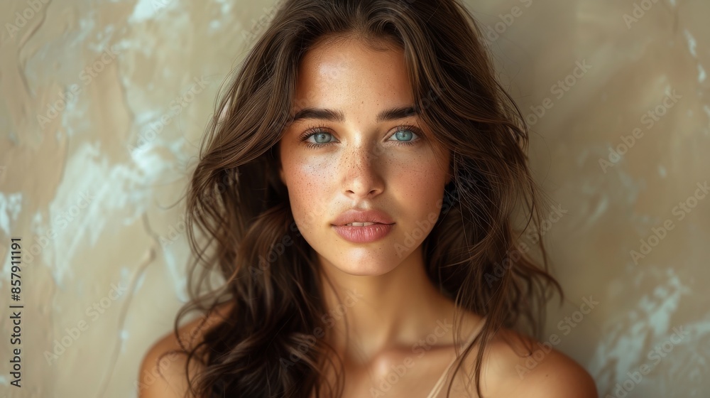 Portrait of a youthful woman with wavy brown hair, striking blue eyes, and freckles, standing thoughtfully in front of a textured beige wall with soft lighting. Portrait of a youthful woman with wavy brown hair, striking blue eyes, and freckles, standing thoughtfully in front of a textured beige wall with soft lighting.
