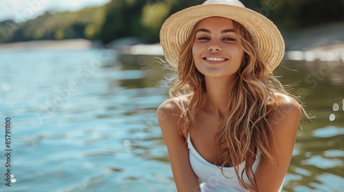 Joyful young woman with long hair and a hat, smiling brightly near a tranquil lake on a sunny day, surrounded by nature, capturing a moment of carefree happiness. © svastix