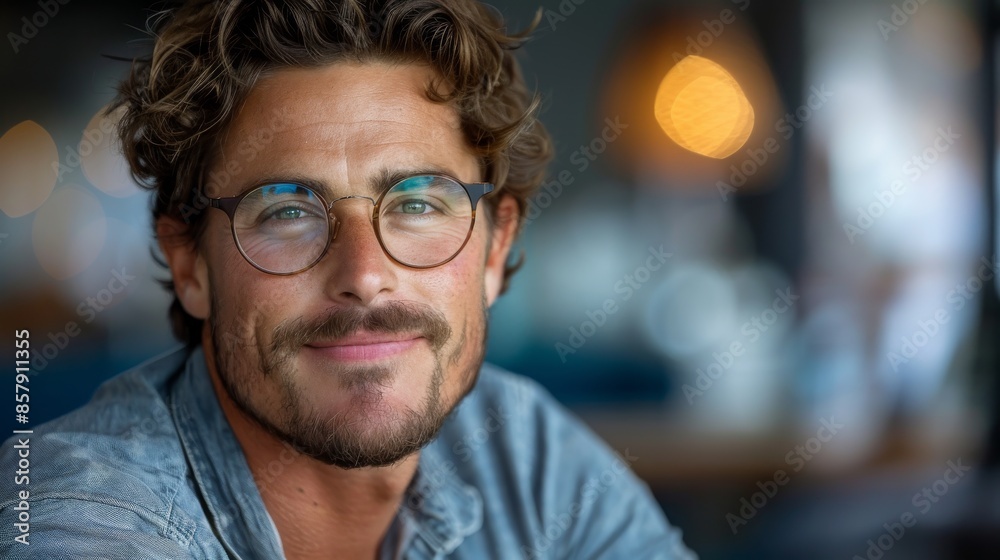 This portrait showcases a man with glasses and a mustache in a relaxed and serene indoor setting, highlighting his calm demeanor and thoughtful expression. This portrait showcases a man with glasses and a mustache in a relaxed and serene indoor setting, highlighting his calm demeanor and thoughtful expression.