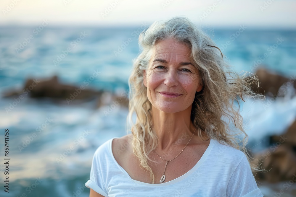 smiling attractive older woman in white tshirt relaxing by the sea serene lifestyle portrait smiling attractive older woman in white tshirt relaxing by the sea serene lifestyle portrait