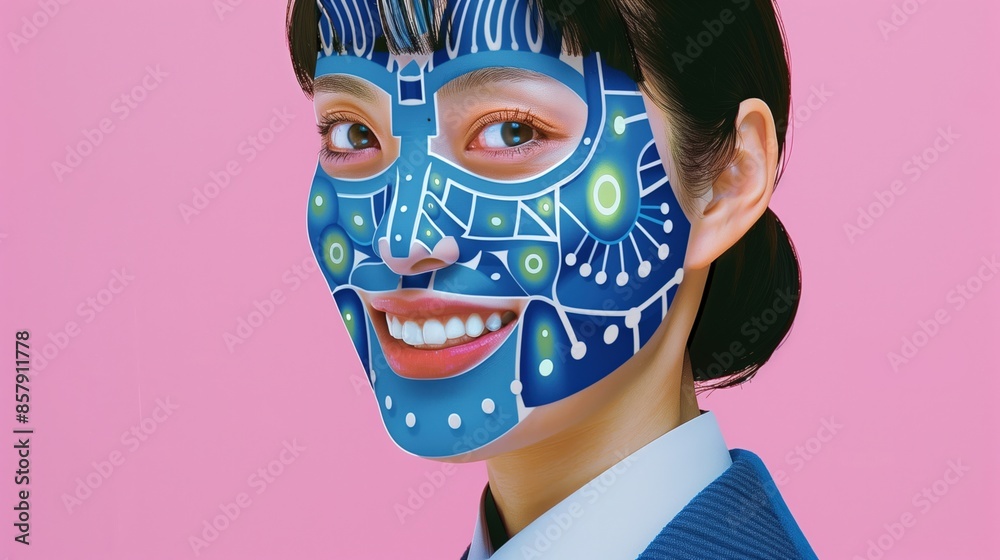 CCTV facial recognition technology. Face recognition, Face detection, smiling woman being analysed. Video Management SaaS illustration CCTV facial recognition technology. Face recognition, Face detection, smiling woman being analysed. Video Management SaaS illustration