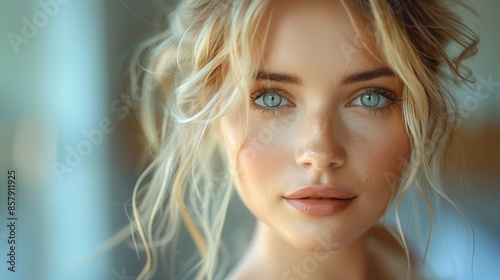 A close-up portrait of a blonde woman with bright blue eyes and a gentle smile, her soft expression and natural beauty making the image serene and engaging.