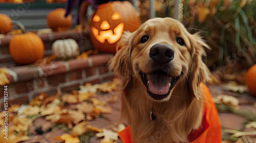 Adorable dogs, embodying carnival joy, wear vibrant Halloween costumes. Humanized pets bring festive cheer. photo