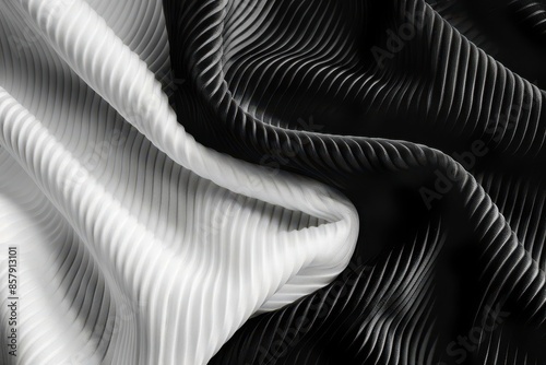 soft wavy folds of black and white corduroy fabric texture background photo