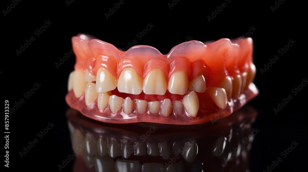 Fototapeta premium Dental prosthesis, tooth implant, mockup on a black background, isolate. AI generated.