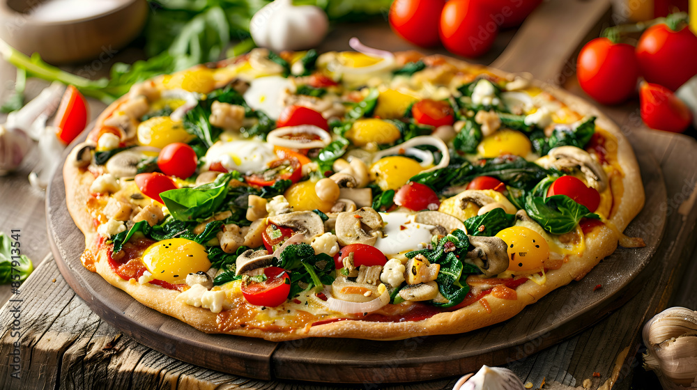 A freshly made fast food vegan breakfast pizza with vibrant ingredients and colorful presentation A freshly made fast food vegan breakfast pizza with vibrant ingredients and colorful presentation