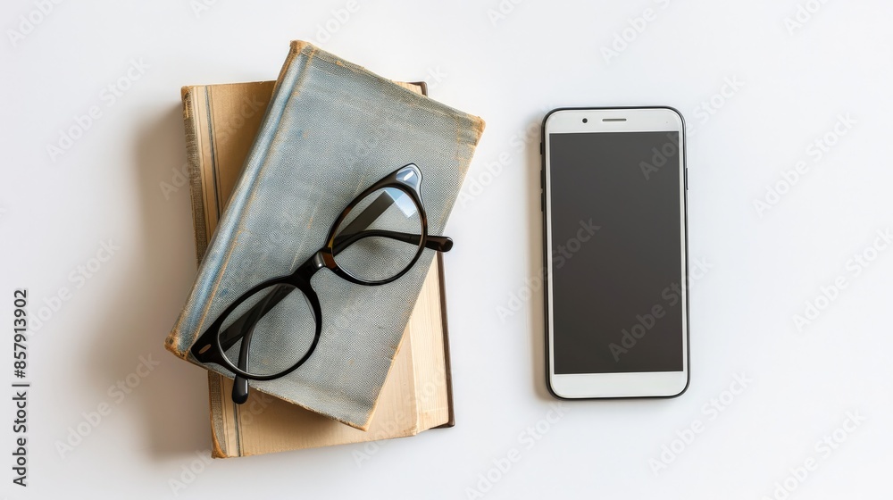 Reading Glasses and Smartphone on a Stack of Books Reading Glasses and Smartphone on a Stack of Books