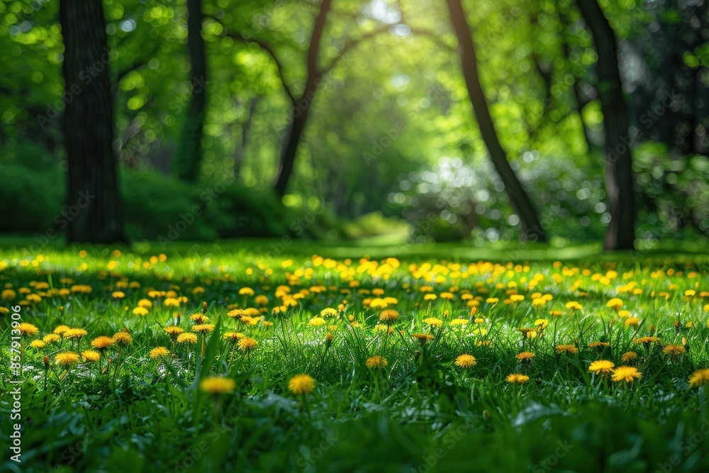 Obraz premium Landscape with young lush green grass with blooming dandelions on the background of trees in the garden. ai generative
