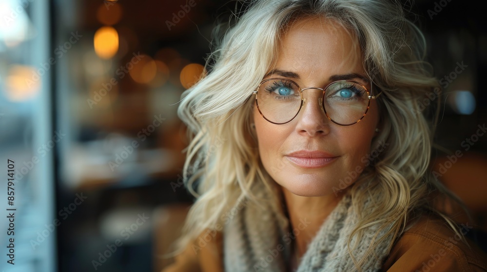 A blonde woman, seated in a cozy indoor setting and wearing round glasses, reflects calmness and warmth while posing in a detailed close-up against a soft background.