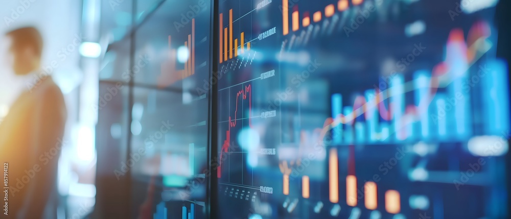 Close-Up of Business Stock Market Chart and Rising Graphs on Digital Screen, Blurred Businessman in Background, Financial Data Display Close-Up of Business Stock Market Chart and Rising Graphs on Digital Screen, Blurred Businessman in Background, Financial Data Display