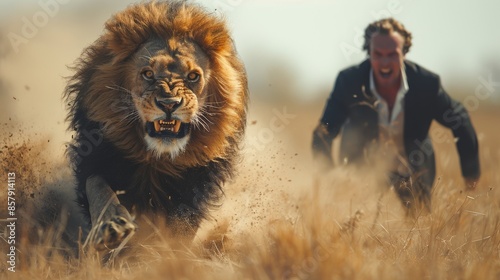 A dramatic scene of a man running through the field while being chased by an aggressive lion, emphasizing the tension and danger of the encounter. photo