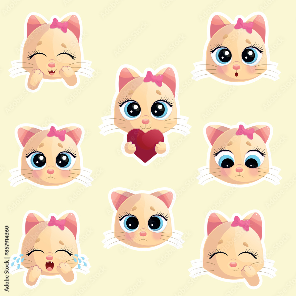 Set of cute kitten head stickers with different emotions. Vector emotions series Set of cute kitten head stickers with different emotions. Vector emotions series