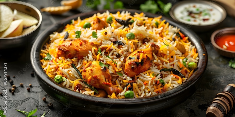Delicious Spicy Hyderabadi Chicken Biryani with a Burst of Flavors. Concept Spicy Hyderabadi Chicken Biryani, Burst of Flavors, Delicious Rice Dish, Indian Cuisine