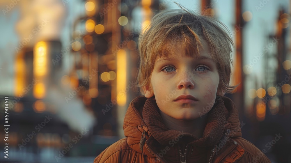 A young boy with blond hair wearing a brown jacket stands pensively in front of an industrial scene, highlighting the contrast between innocence and industrialization.