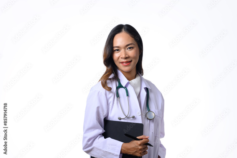 Confident female doctor, medical worker with stethoscope standing on white background Confident female doctor, medical worker with stethoscope standing on white background