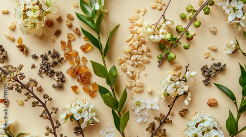 Wallpaper Mural Flat lay of various botanical elements including flowers, seeds, and leaves arranged artistically on a beige background.
 Torontodigital.ca