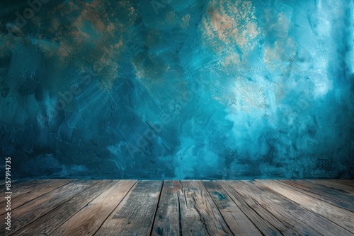 backdrop for design and product presentation with blue wall, light reflections and wooden floor. ai generative