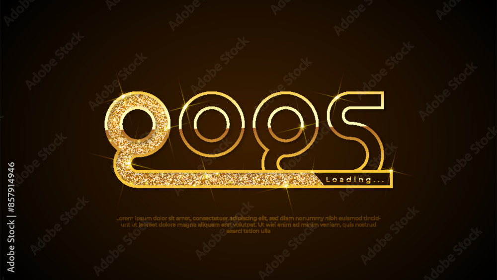 Progress bar with golden particles on black Download New Year's Eve. Loading animation screen with Glitter confetti shows almost reaching 2025. Creative festive banner with shiny progress bar.