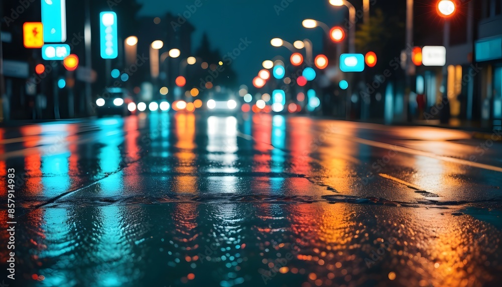 City Lights Reflecting on Wet Pavement