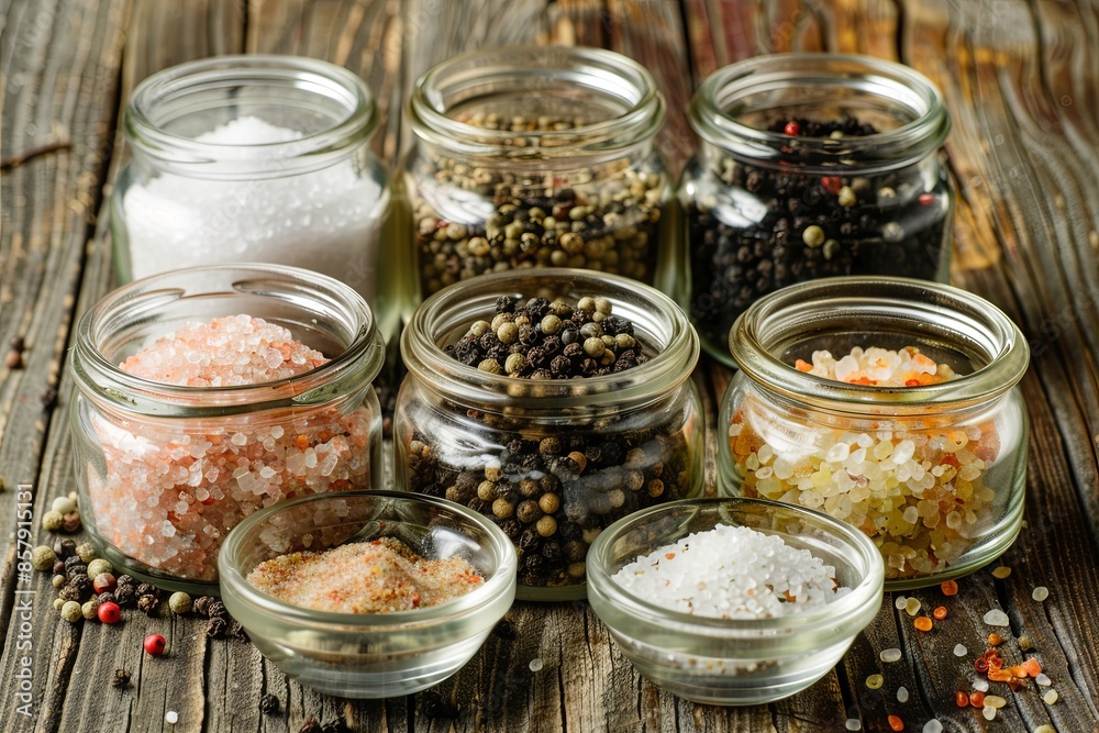 Glass jars filled with sea salt, pink Himalayan salt, black peppercorns, and white pepper are arranged on a rustic wooden table. Generative AI Glass jars filled with sea salt, pink Himalayan salt, black peppercorns, and white pepper are arranged on a rustic wooden table. Generative AI