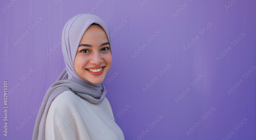 A portrait of a young smiling Muslim woman wearing a gray hijab against a purple background studio with copy space for text