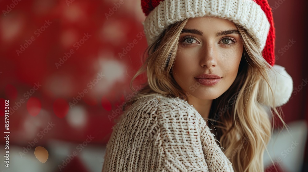 A detailed portrait of a woman in a Santa hat and cozy knitted sweater, with festive lights in the background, illustrating the joy and warmth of the holiday season. A detailed portrait of a woman in a Santa hat and cozy knitted sweater, with festive lights in the background, illustrating the joy and warmth of the holiday season.