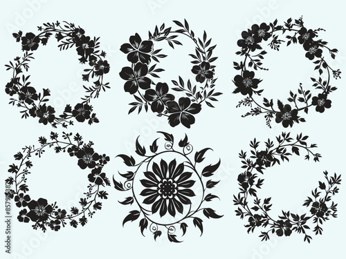 Set of circular floral wreaths for wedding designs and save-the-date ornaments. Featuring black silhouettes of meadow herbs. Vector illustration.