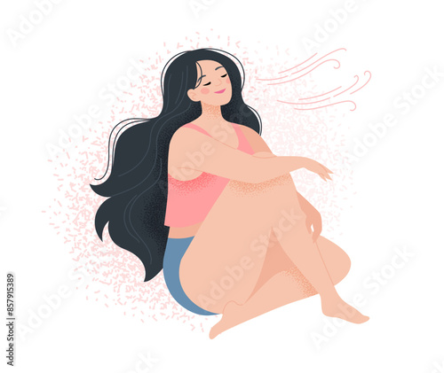 Deep breath and mindfulness concept. Woman calm and relaxed, mental health, self care or meditation. Vector illustration in flat style