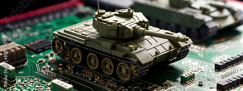 Closeup of a military tank toy model on a computer motherboard, AI taking control over war concept or race on manufacturing micro chips, wide banner design with copy space area

 photo