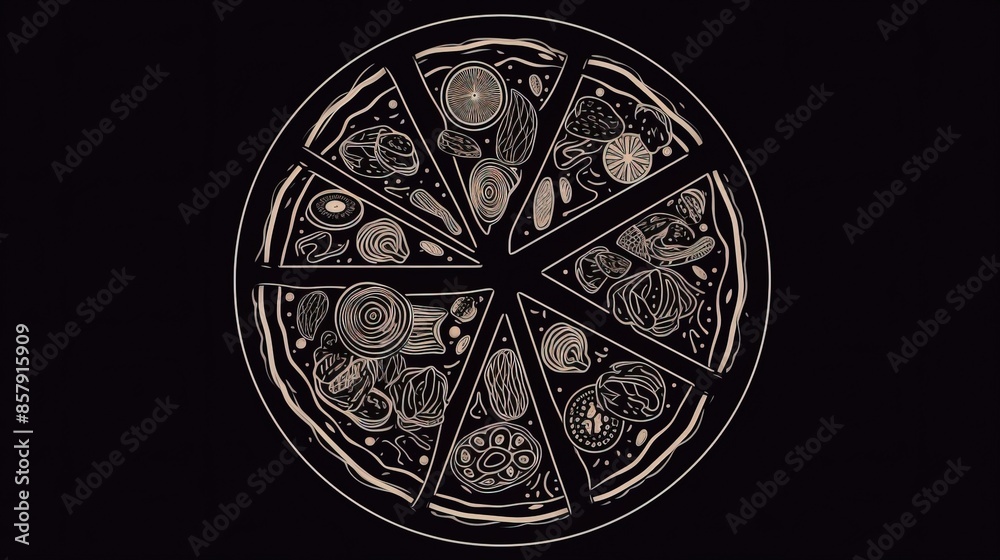 Pizza sliced, graphic contour illustration on a dark black background, isolate. AI generated. Pizza sliced, graphic contour illustration on a dark black background, isolate. AI generated.