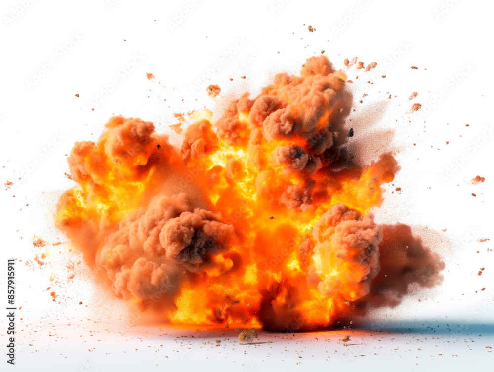 A large, intense explosion with bright flames and smoke on a white background, concept of disaster. Generative AI A large, intense explosion with bright flames and smoke on a white background, concept of disaster. Generative AI