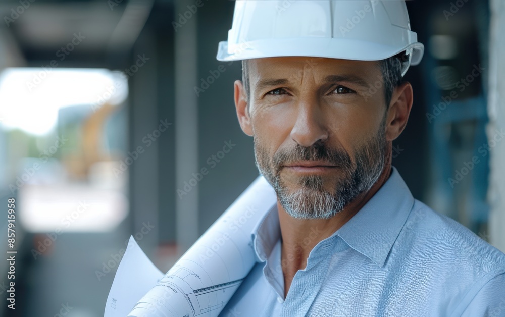 Confident Construction Worker Holding Blueprints at Construction Site Confident Construction Worker Holding Blueprints at Construction Site
