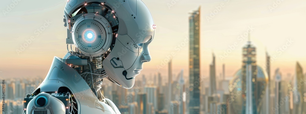 Artificial Intelligence: A humanoid robot with circuits visible beneath its translucent skin, standing in front of a futuristic cityscape. Artificial Intelligence: A humanoid robot with circuits visible beneath its translucent skin, standing in front of a futuristic cityscape.